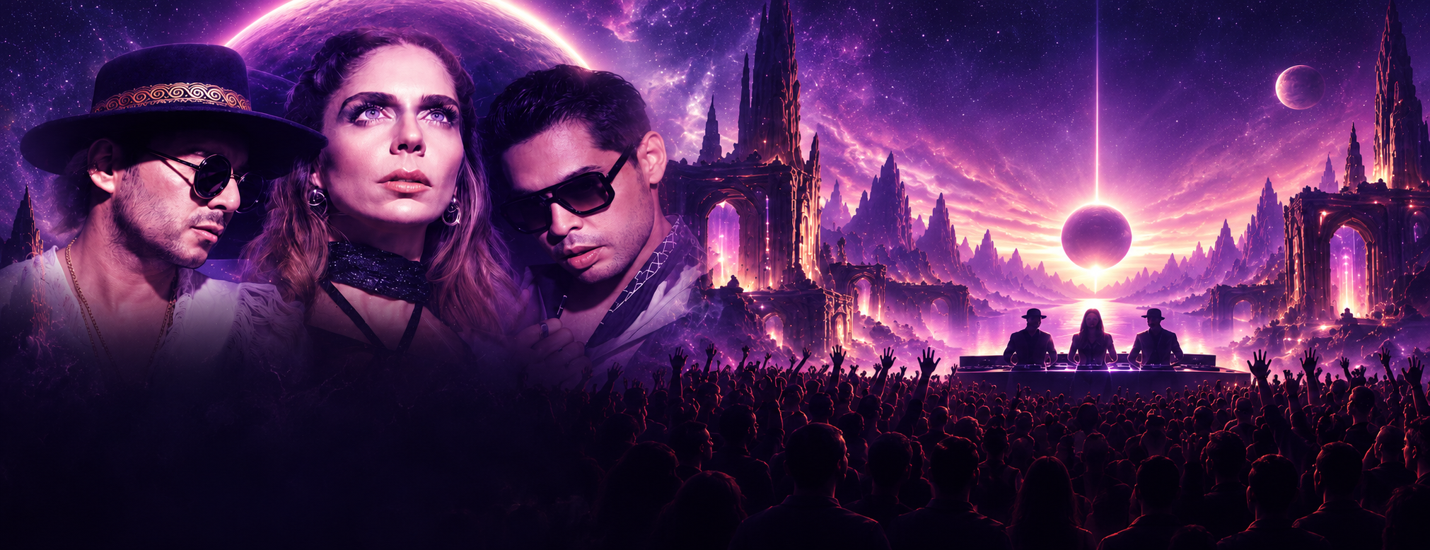 Tefa, Jules y Cris en el universo violeta de Elyon, con planetas, arquitectura fantástica y un concierto en vivo.
